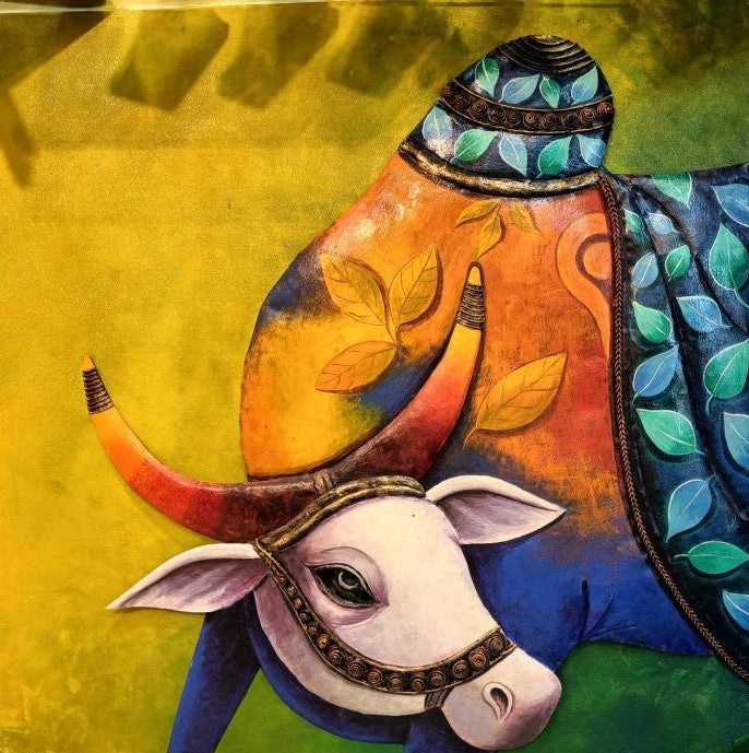 Handmade Metal Majestic Nandi with bright colours " And the Nandi turned"